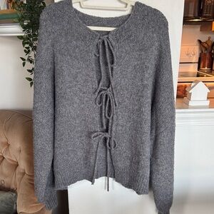 Gray Knit Sweater with Front Ties